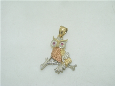 Multi Tone Gold Owl Pendant With 2 Rubies