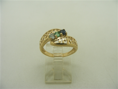 14k Yellow Gold Aqua Marine, Blue sapphire, and Emerald Ring