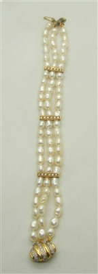 3 Row Fresh Water Pearls 14k Yellow Gold & Diamond Bracelet
