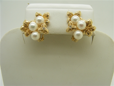 14k yellow gold diamond and pearl earrings