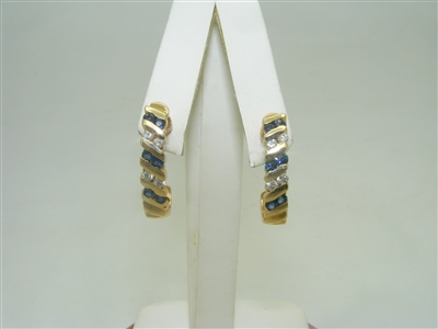 14k yellow gold diamond and natural blue sapphire earrings