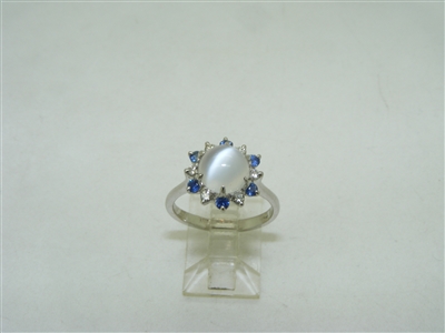 Moonstone with diamonds and natural blue sapphires ring