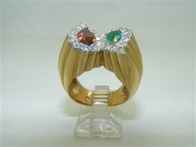 14k yellow gold Natural green emerald and garnet diamond ring