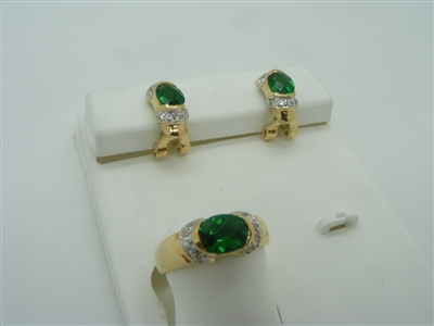 CZ FACETED SYNTHETIC,EMERALD RING AND FRENCH CLIP EARRINGS SET. 18K YELLOW GOLD