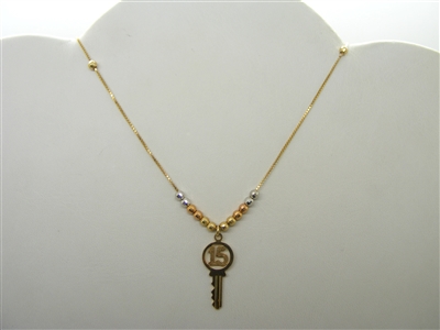 14k Yellow Gold Sweet 15 Key Necklace with Tri Colored Beads