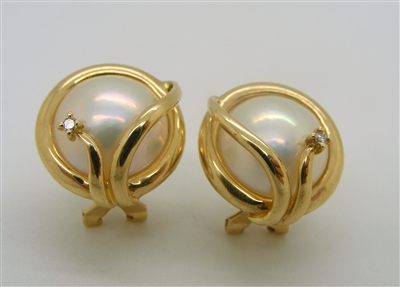 14 K Yellow Gold Mabel Pearl & Diamond French Clip Back Earrings.