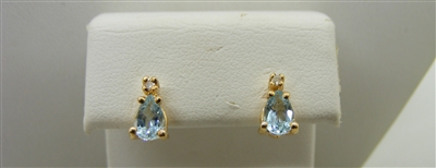 Pear Shaped Aqua Marine & Diamond 14 Yellow Gold Earrings
