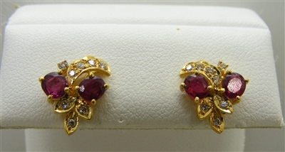 14 K Yellow Gold Diamond and Natural Ruby Earrings