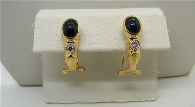 14 K Yellow Gold Cabochon Blue Sapphire Diamond Earrings.