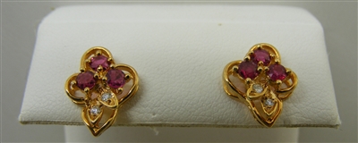 14 K Yellow Gold Diamond and Ruby Stud Earrings.