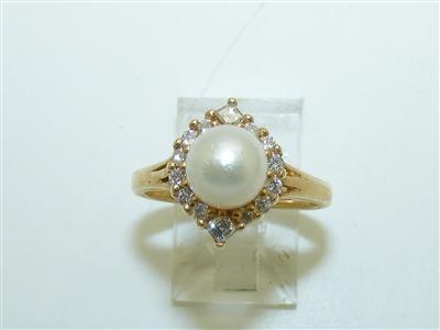 14k Yellow Gold Diamond Cultured Pearl Ring