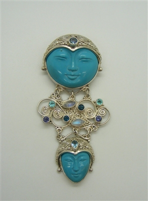 Multi-Colored Gemstone, With Carved Face Turquoise Pendant