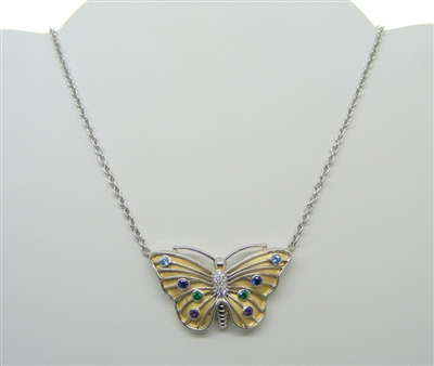 Platinum and 18 K Yellow Gold Butterfly Necklace (With Diamonds and Multi-Colored Gemstones)