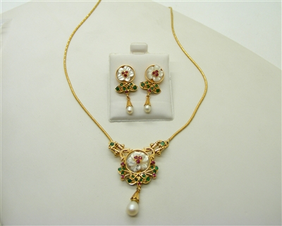 Emerald, Ruby, Pearl Necklace and Earrings Set