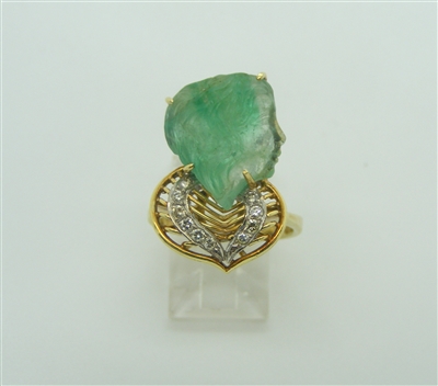 14k Yellow Gold Diamond- Face Carved Emerald Ring