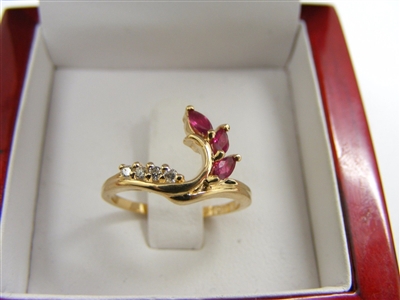 14k Yellow Gold Marquise Ruby Leaf Ring (With Diamonds)