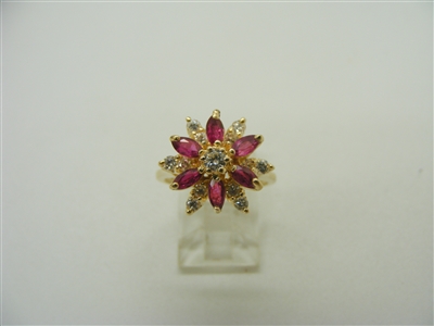 14 K Yellow Gold Ruby and Diamond Flower Designed Ring