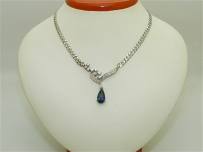 14k White Gold Diamond Pear Shape Blue Sapphire Necklace