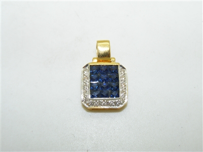18k Yellow Gold Checkerboard Sapphire Diamond Pendant