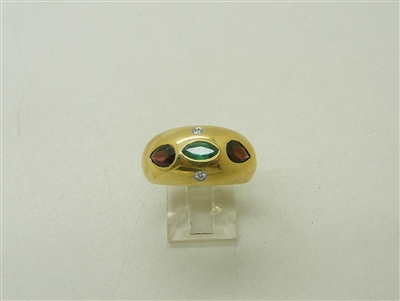 18k Yellow Gold Emerald, Garnet & Diamond Ring