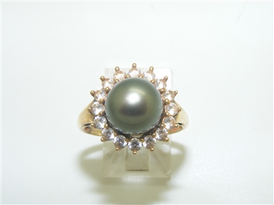 Beautiful Grey Cultured Pearl With Cubic Zircons Ring