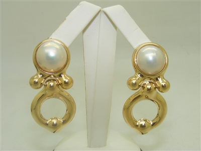 14K Yellow Gold Hanging Mabe Pearl Earrings