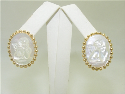 14k Yellow Gold Carved Baby Angel Mother Pearl Earrings