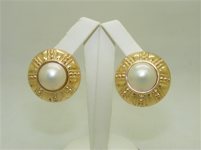14k Yellow Gold Mabe Pearl French Clip Earrings