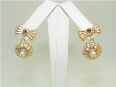 Cute Yellow Gold Bow Pearl Earrings